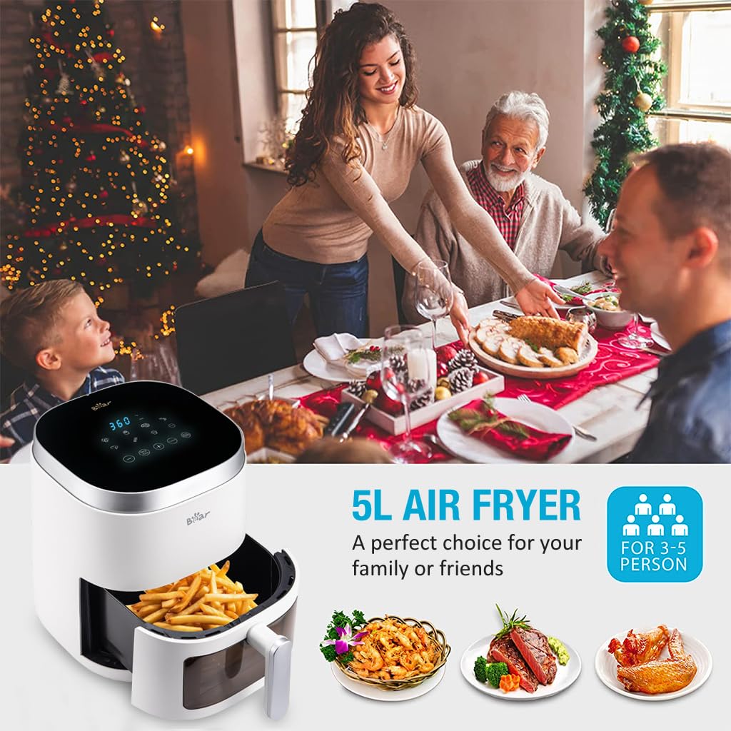 Bear Air Fryer for Home with Toaster Grill 5L 1500W with Transparent Cooking Window 90% Less Fat Cooker with 8 Presets Menus for India Cooking, Touch Control Temp & Timer with Nonstick Tray Bear Air Fryer for Home with Toaster Grill 5L 1500W with Transparent Cooking Window 90% Less Fat Cooker with 8 Presets Menus for India Cooking, Touch Control Temp & Timer with Nonstick Tray